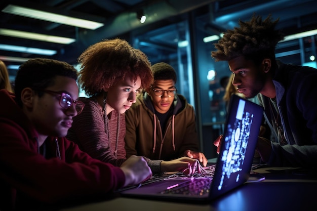 Photo a group of people looking at a laptop screen