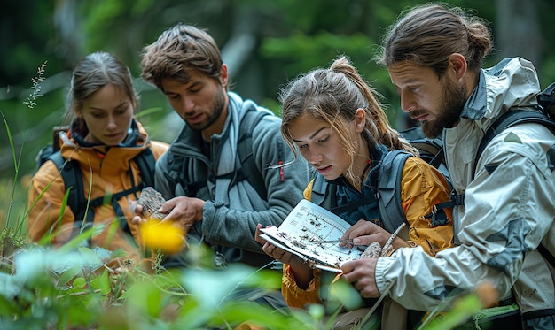 Photo a group of people looking at a map of a forest