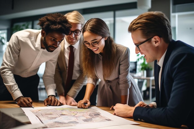 Group of people looking at a map and a man looking at the map.