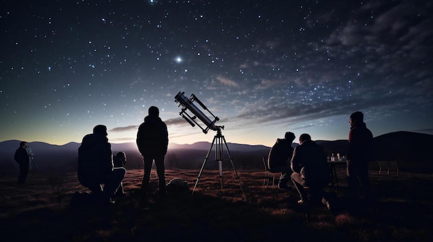 星の夜空を見ている人々のグループ