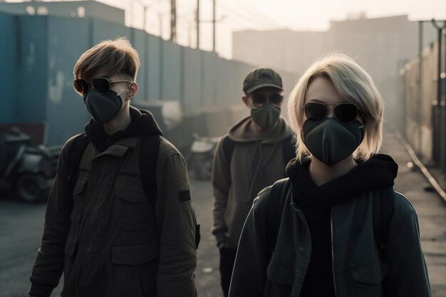 Группа людей в масках, протестующих против загрязнения, генерирующего искусственный интеллект