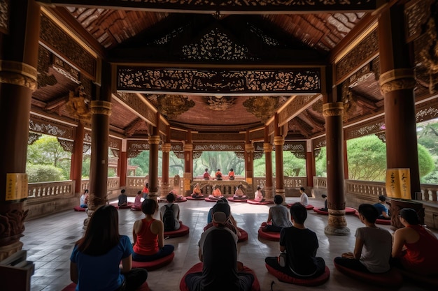 Group of people meditating inside the sanctuary of a pagoda created with generative ai