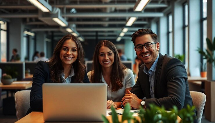 a group of people in a meeting one of them is looking at a laptop