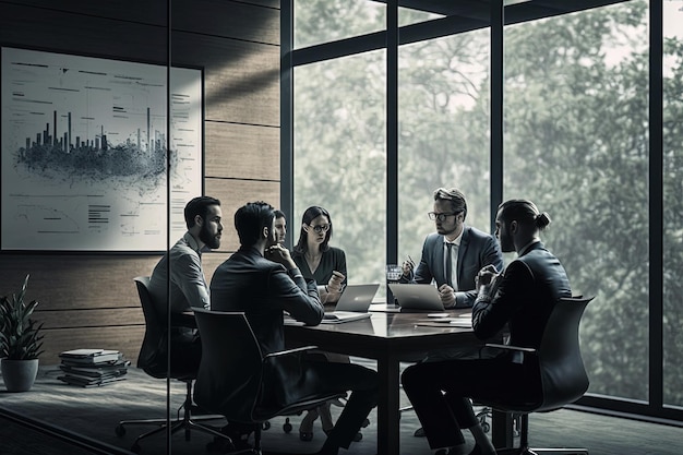 A group of people in a meeting room with a poster on the wall