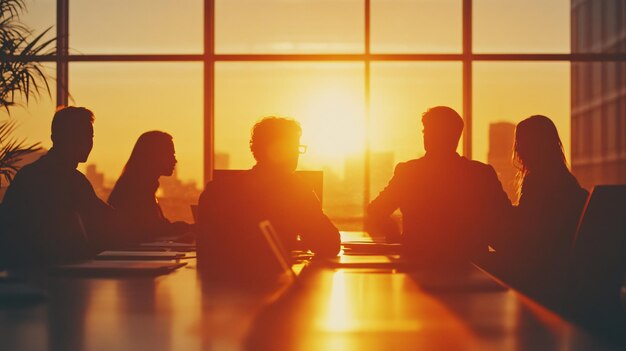 a group of people in a meeting room with the sun setting behind them