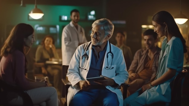 A group of people in a meeting with a doctor and a sign that says'doctor '