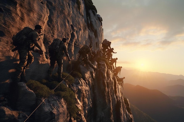 a group of people on a mountain with the sun setting behind them.