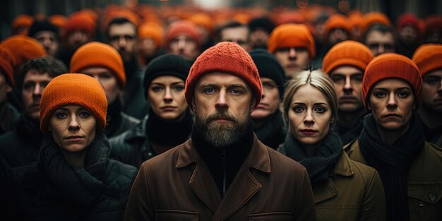 Foto un gruppo di persone con un berretto arancione in piedi in un parco in una giornata nello stile della lotta dell'umanità