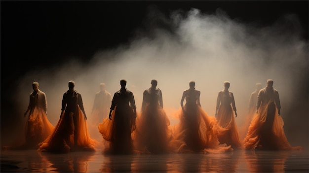 Photo a group of people in orange dresses standing in the smoke