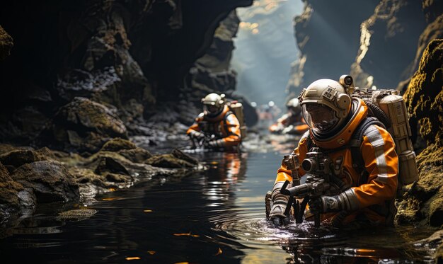 Photo group of people in orange and white suits exploring a cave