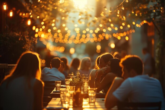 Group of people out of focus in summer outdoor restaurant Summer vibe