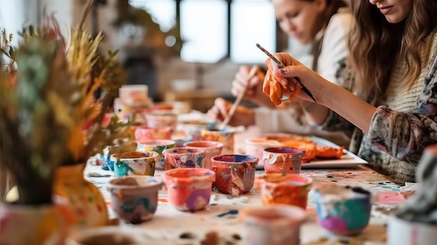 Group of people painting clay Hobbie activity indoors painting watercolor Close up hands