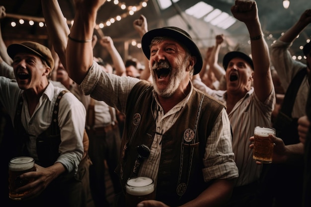 A group of people participating in a fun Oktoberfestthemed game such as a beer stein holding contest