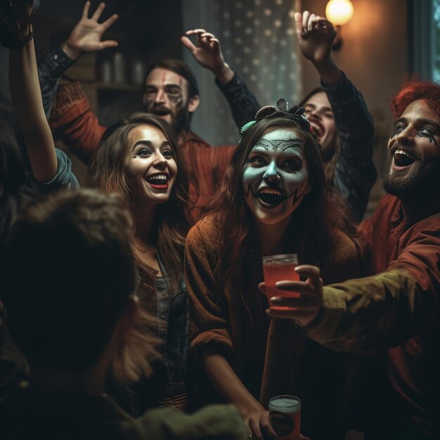 Photo a group of people in a party with a glass of beer and a man wearing a mask