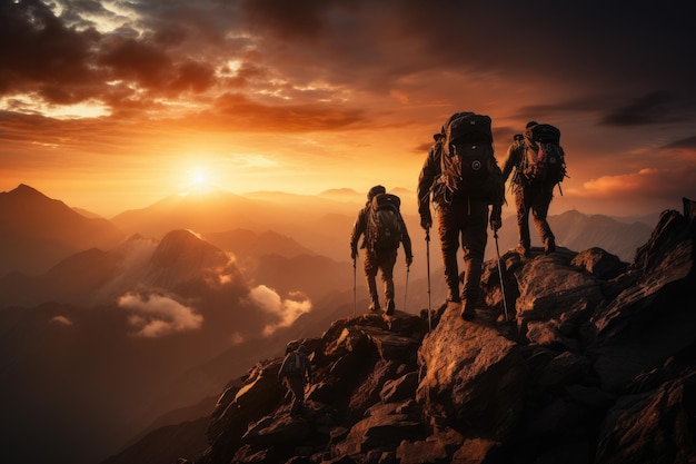 Group of people on peak mountain climbing helping team work travel trekking success business