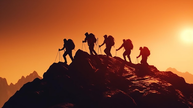 Group of people on peak mountain climbing helping team work