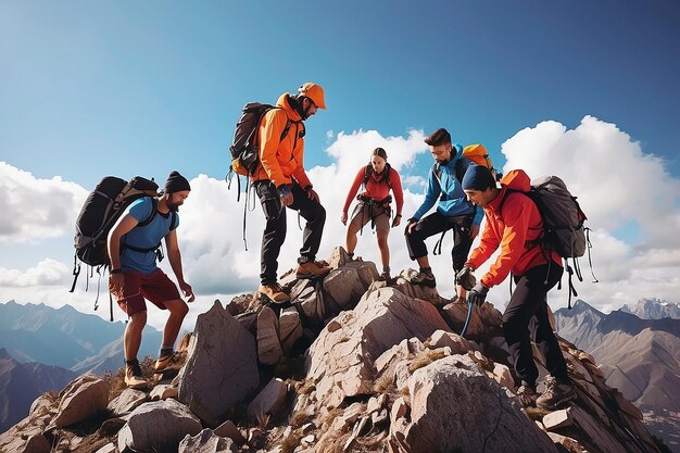 Foto gruppo di persone in arrampicata sulla vetta che aiutano il lavoro di squadra