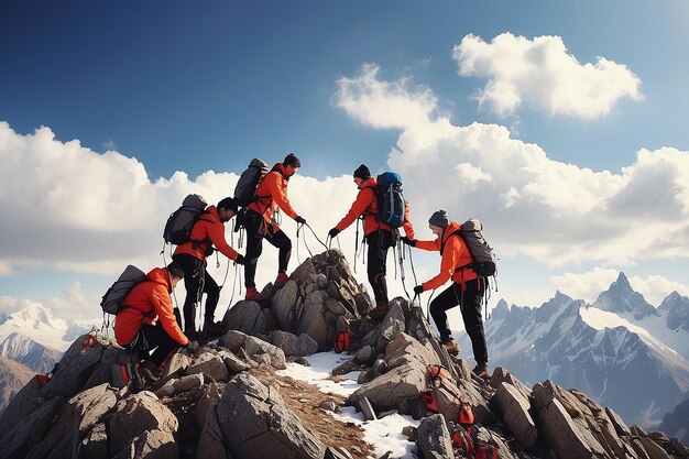 Foto gruppo di persone in arrampicata sulla vetta che aiutano il lavoro di squadra