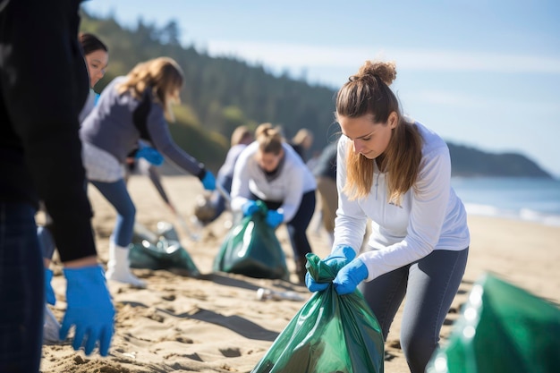 Группа людей собирает мусор на пляже