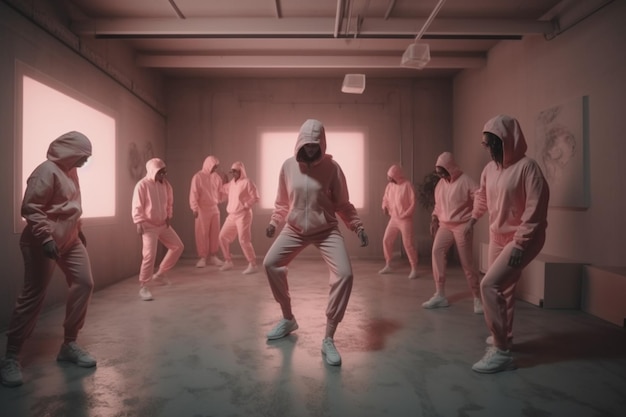 A group of people in pink outfits dance in a dark room with a pink light behind them.