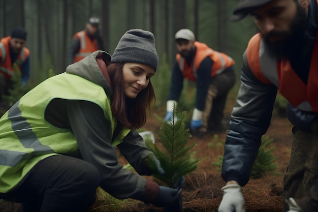 Foto un gruppo di persone che pianta un albero nella foresta