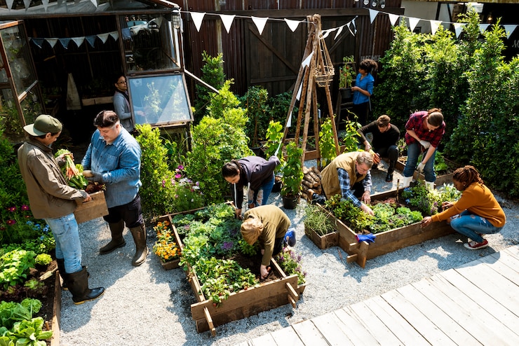 Photo group of people planting vegetable in greenhouse