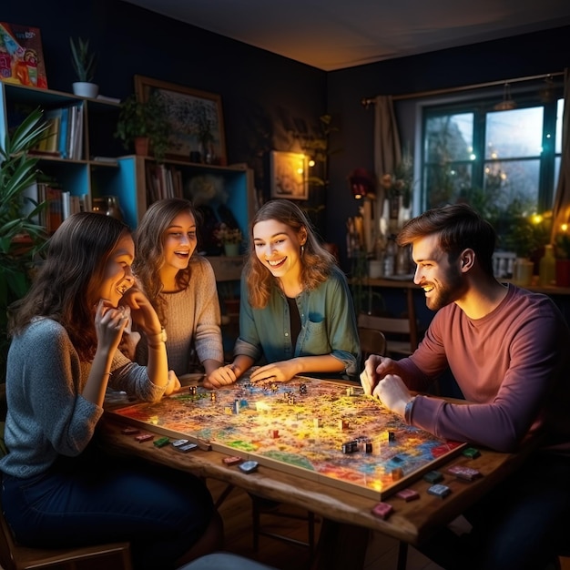 Foto un gruppo di persone che giocano a un gioco da tavolo in un soggiorno