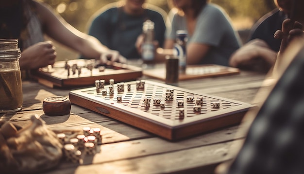 Foto gruppo di persone che giocano a giochi da tavolo al chiuso generati dall'intelligenza artificiale