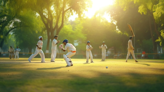 A group of people playing cricket in the sun