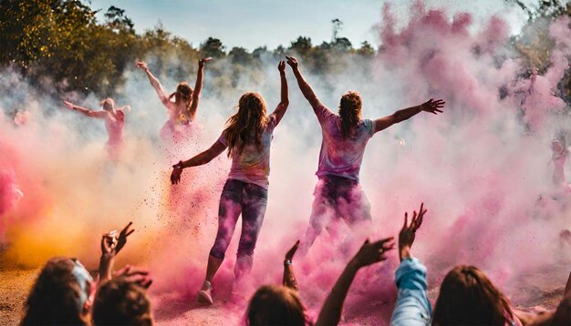 色のホリ祭りをしている人々のグループ