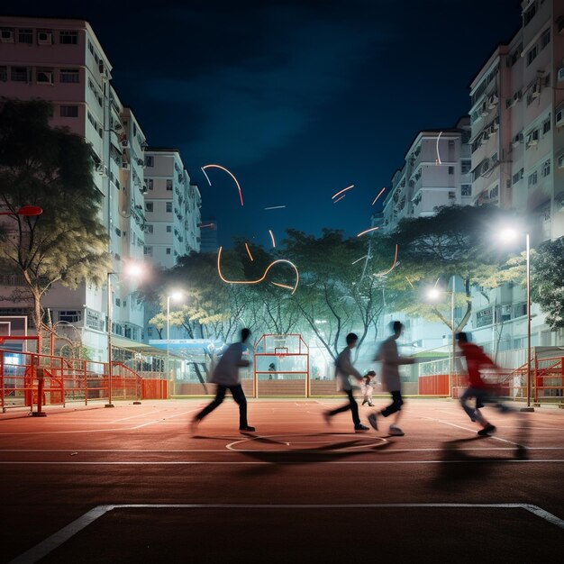 a group of people playing soccer in a city at night.