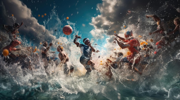 a group of people playing soccer in the water with a ball in the air.