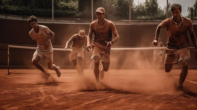 A group of people playing tennis on a court with dust flying around them.