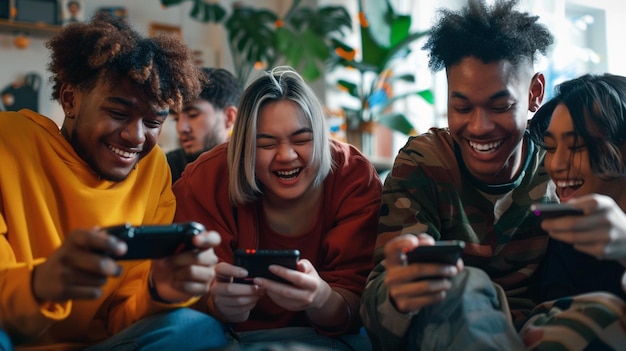 Photo a group of people playing video games with one of them holding a remote control