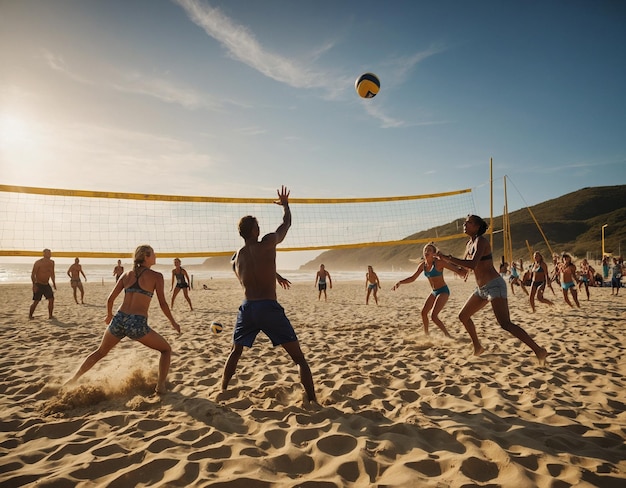 Photo a group of people playing volleyball on a beach