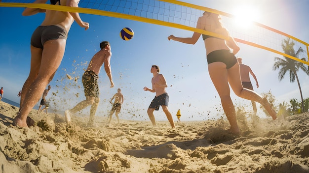 группа людей играет в волейбол на пляже