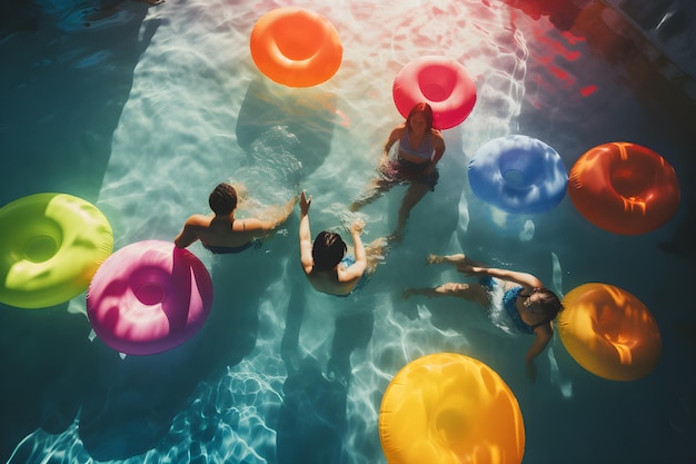 A group of people in a pool with colorful floating toys.