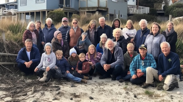 A group of people pose for a photo in front of a beach house.