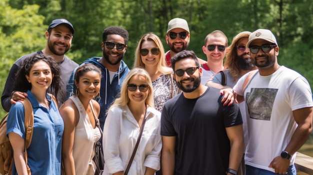 A group of people pose for a photo in front of a forest.