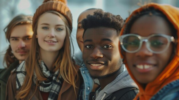 a group of people posing for a photo with a man wearing glasses