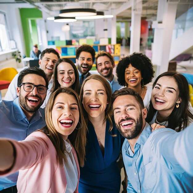 Foto un gruppo di persone che posano per una foto con uno che scatta una foto ai generato