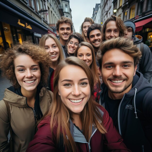 写真のポーズをとる人々のグループで、そのうちの1人がカメラを持っている