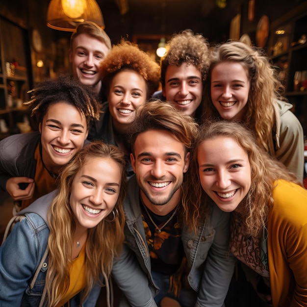 a group of people posing for a photo with one of them wearing a yellow shirt