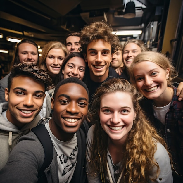 a group of people posing for a photo with one wearing a backpack