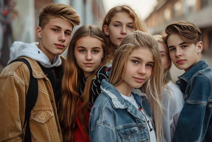 Photo a group of people posing for a photo with one wearing a denim jacket