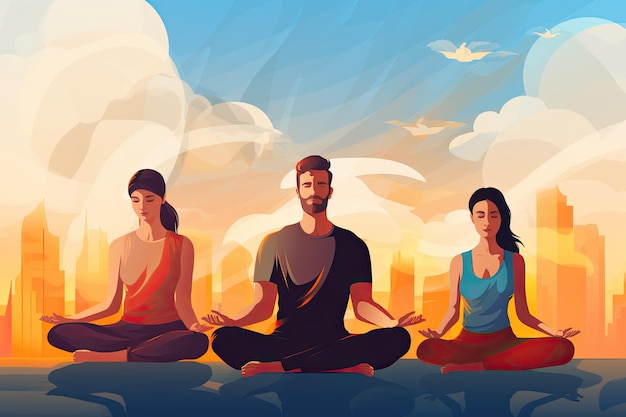 a group of people practicing meditation Cartoon illustration