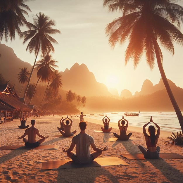 a group of people practicing yoga on the beach at sunset