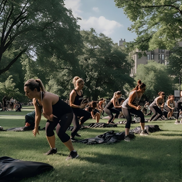 Foto gruppo di persone che praticano lo yoga nel parco sport e concetto di stile di vita sano