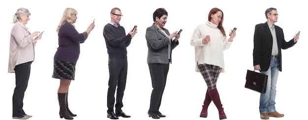 Group of people profile holding phone in hand isolated