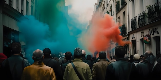 フランスで抗議する人々のグループ 年金改革に反対するストライキ 市内で抗議するデモ参加者のグループ 群衆の中で発生する Ai ガスの煙